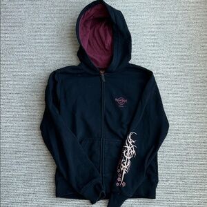 Hard Rock Cafe Women's Black Zip-Up Hoodie with Burgundy Hood Lining
